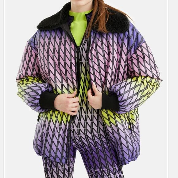 Nocturne Oversized Puffer Jacket Coat Faux Fur Collar Ombre Lined Women Small 36 - Picture 1 of 16